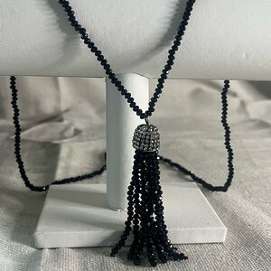 Black Beaded Tassel Necklace with Crystal Accent
